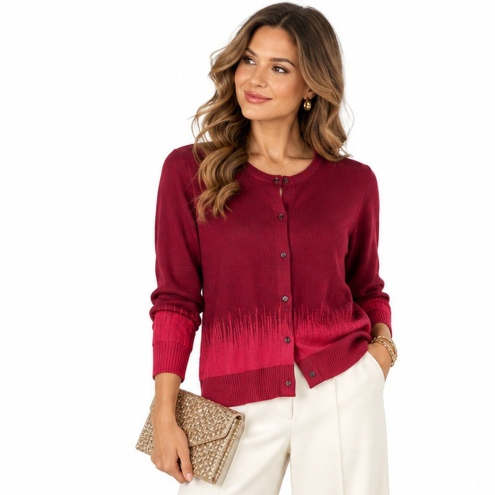 H by Halston Textured Cardigan Sweater Women M Ombre Mulberry Red Office GlamNEW